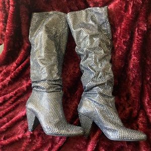 Gerii Dark Grey Metallic Rhinestone Slouch Studded Boots